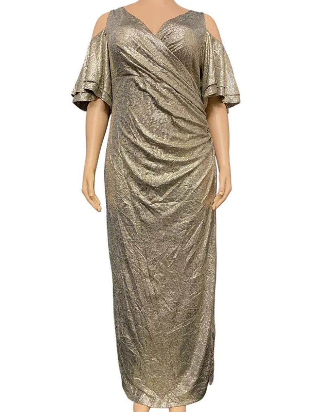 Metallic Cold Shoulder Evening Dress Gold
